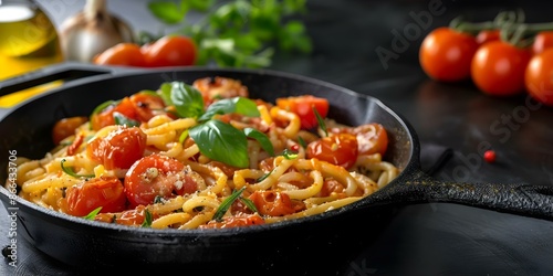 Pasta with cherry tomatoes cooked in cast iron pan with garlic oil. Concept Italian Cuisine, Cherry Tomatoes, Cast Iron Cooking, Garlic Infused Oil, Pasta Recipe