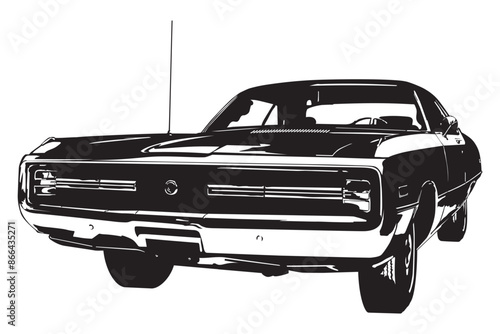 Vintage American muscle car from the 1970s low angle semi-frontal view silhouette vector illustration 