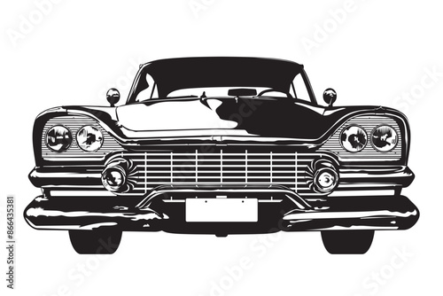 Vintage American muscle car from the 1950s low angle frontal view silhouette