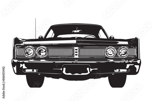 Vintage american muscle car from the 1960s low angle frontal view silhouette vector illustration
