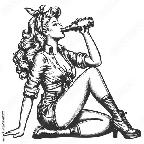 woman drinking beer from a bottle while sitting sketch engraving generative ai fictional character vector illustration. Scratch board imitation. Black and white image.