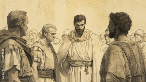 Martyrdom of Saint Agapius of Palestrina, facing Roman persecutors. Courage and faith, historical setting, unwavering conviction. Biblical Illustration, Beige Background, copyspace.