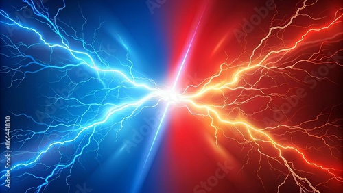 Lightning collision red and blue background, versus banner. Powerful colored lightnings and the flash from the collision. Confrontation concept, competition vs match game. Versus battle. Vector 