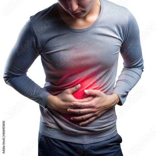 Person experiencing stomach pain with red highlight on transparent background