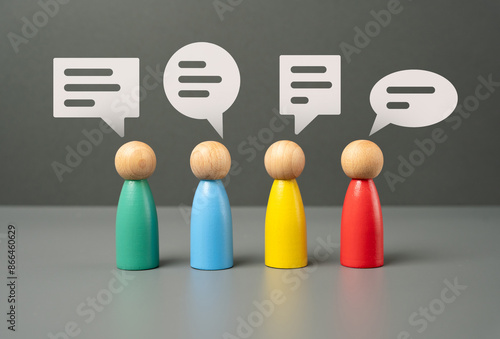 People communicate. Figures of people and speech bubbles. Unity and teamwork. Contact, communication. Exchange of opinions and experiences.