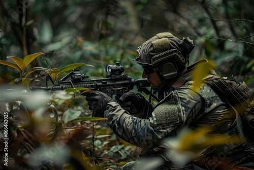 Focused elite soldier in full gear aims his rifle during a covert operation in a dense woodland