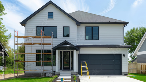 ''home exterior renovation, workers replacing old siding with modern materials, scaffolding around the house, clear sunny day'' 