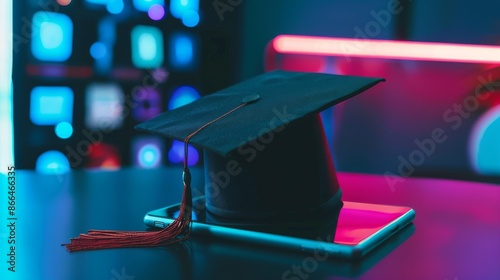 A graduation cap perched on a treadmill, representing the relentless pursuit of success amidst the hustle of modern life, Treadmill surrounded by scattered papers and a laptop