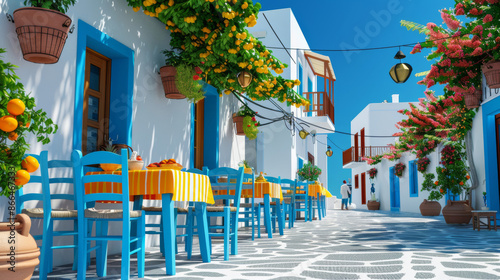 ''traditional Greek taverna in Rhodes, outdoor seating, vibrant colors, locals and tourists enjoying meals, lively and inviting'' 