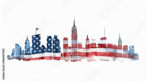 watercolor painting of a skyline with an American flag overlay, blending into the background, symbolizing remembrance on Patriot Day 