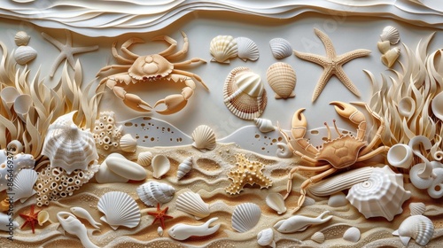 A detailed papercut illustration of a busy seafloor scene. A crab scuttles across the sand, a starfish clings to a rock, and various seashells are scattered throughout, highlighting the diversity of