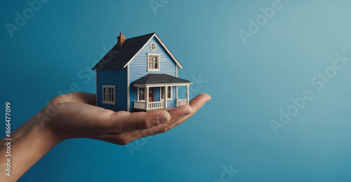 house property on palm on blue background 