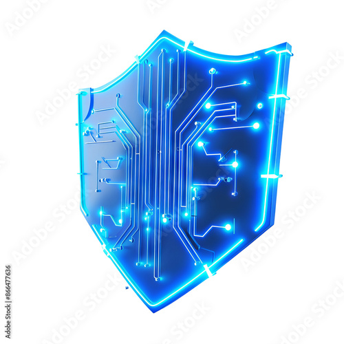 Futuristic blue digital shield with circuit , representing cybersecurity and data protection technology on transparent background.