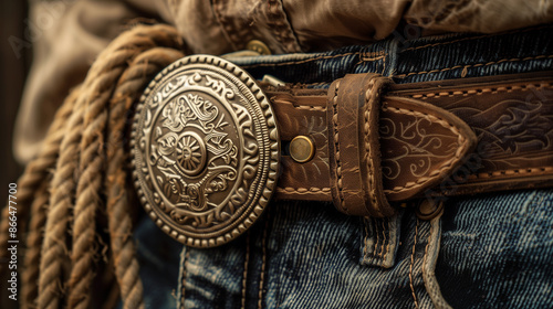 Close up on traditional cowboy belt buckle and rope