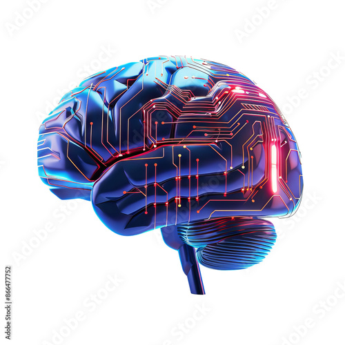 Futuristic digital brain with glowing circuits symbolizing artificial intelligence and advanced technology in a vibrant blue and red color scheme.