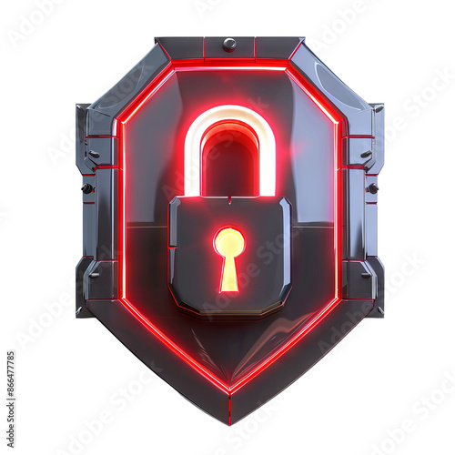 Futuristic glowing lock on shield symbolizing cyber security and data protection. Ideal for tech, cybersecurity, and digital safety themes.