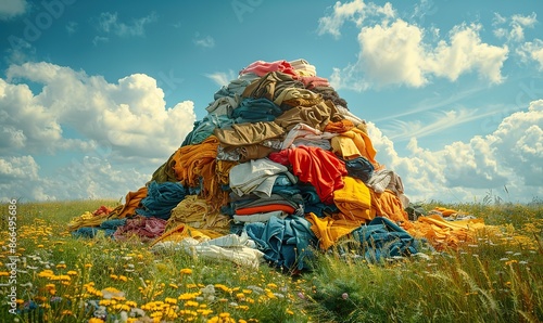 Textile waste awareness: Large fabric pile for recycling and upcycling, promoting sustainability, reducing pollution, and fostering reuse in the fashion industry to combat climate change.