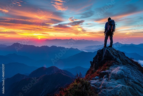 A silhouette of a hiker on a mountain peak at sunset, with the sky ablaze with color and the landscape stretching out below. Ideal for themes AI Generative.