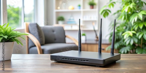 Modern wireless router on a wooden table.