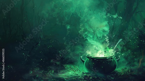 Enchanted green cauldron brewing magical potion in eerie forest setting with glowing smoke, fantasy and Halloween themed stock photo.