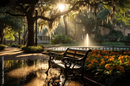 Forsyth Park, Savannah Fountain and Leisure in a green oasis., generative IA