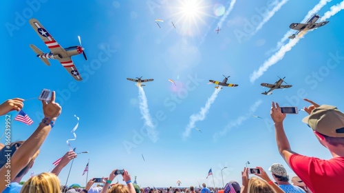 Patriotic Air Show with Spectators Waving American Flags. National Aviation Day in the USA