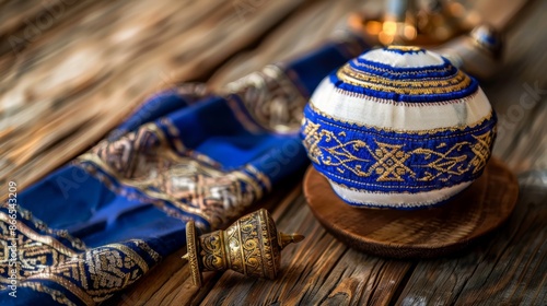 Traditional Jewish Tallit and Kippah on a Wooden Table with Sunlight
