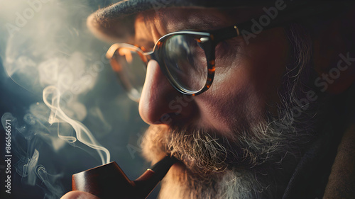 An older man contemplating something while smoking his pipe.