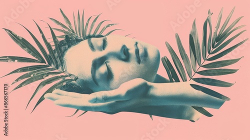 A creative collage illustration showing a big human arm holding the palm of a sleeping peaceful girl on a pink background