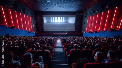 A dynamic scene in a fully occupied movie theater, where viewers of all ages sit in rapt attention, eagerly awaiting the beginning of a highly anticipated film on the large cinema screen