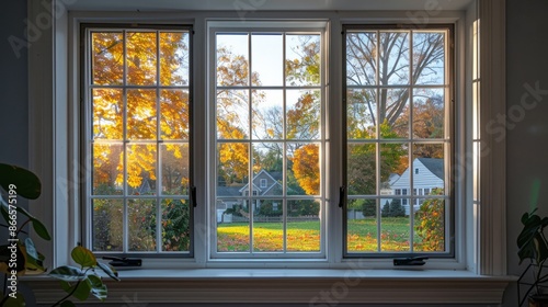 Scenic view of autumn foliage through window