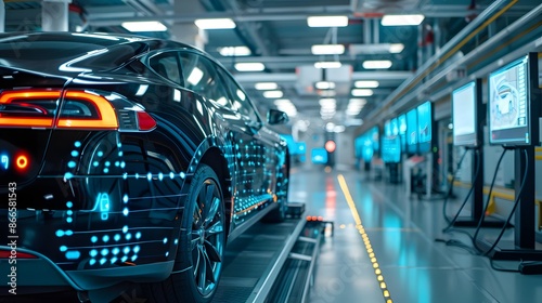 Modern electric car in a high-tech manufacturing facility showcasing advanced technology and robotics in automotive production.