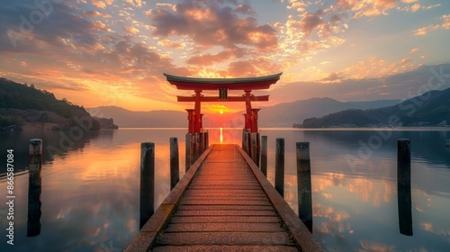 nice pier with Torii Gate at the end in the middle of a lake and a beautiful sunset