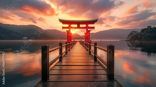 nice pier with Torii Gate at the end in the middle of a lake and a beautiful sunset