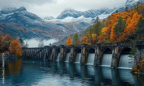 Serene landscape with hydroelectric dam generating green technology power.