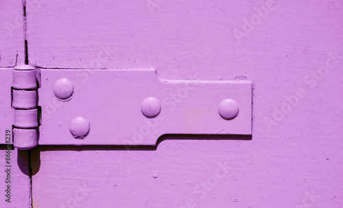 A hinge on violet painted old wooden door. Trendy renovation concept. Vibrant vintage background.