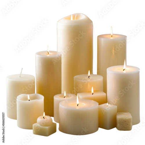 A variety of lit white candles of different shapes and sizes, creating a warm and serene ambiance against a white background.