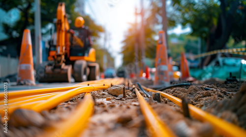 copy space, stockphoto, street construction Site for Installing Fiber Optic Cable or other internet cable. Electricity cable network, internet network. Street contruction site.