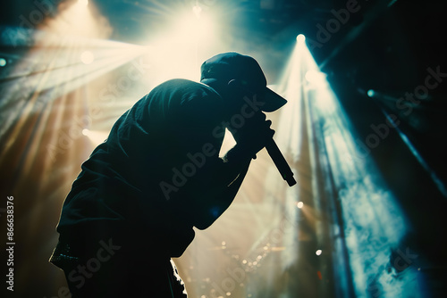 The silhouette of a rapper, donning a cap and holding a microphone, delivers powerful lyrics under vibrant stage lights