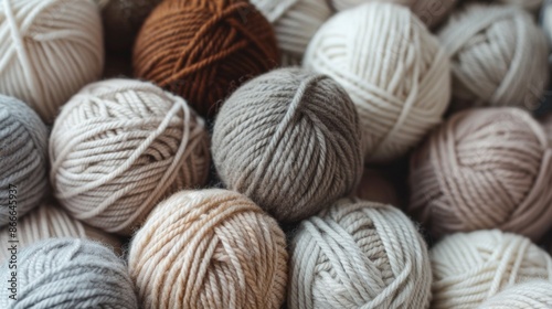 A close-up view of a collection of yarn balls in various shades of beige, gray, and brown