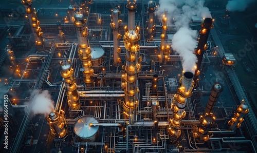 Aerial view on pipes of chemical enterprise plant, air pollution concept, industrial landscape, environmental pollution, waste of thermal power plant with.