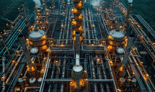 Aerial view on pipes of chemical enterprise plant, air pollution concept, industrial landscape, environmental pollution, waste of thermal power plant with.