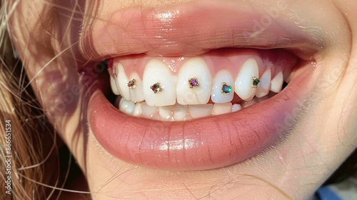 Photography Close-up Of A Woman's Teeth With Dental Jewelry, Modern Dental Jewelry, Fashion Teeth