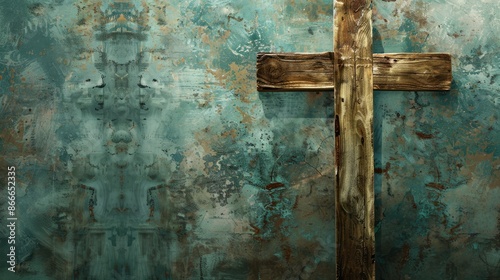 Spiritual depth captured: A rustic wooden cross against a gritty grunge background, reflecting the essence of Christian conviction