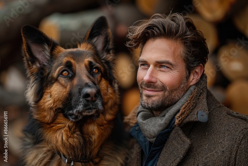 A bearded man in a brown coat is outdoors with his German Shepherd. Both share a deep connection, set against an autumn backdrop with trees and logs.