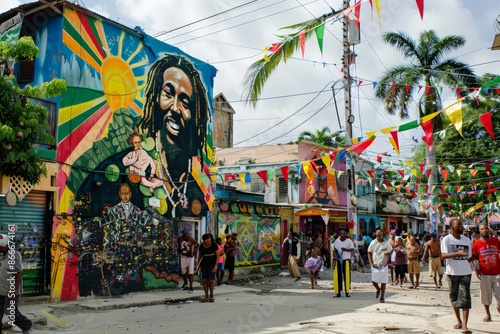 Colorful Street Scene in Kingston, Jamaica with Vibrant Mural