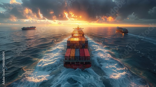 A convoy of cargo ships sails towards the horizon under a dramatic sunset sky, capturing the essence of maritime trade and the vastness of oceanic journeys.