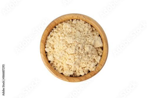 instant soy milk powder in wooden bowl isolated on white background with clipping path.Top view