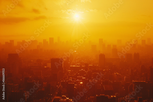 a heat wave overtakes a large city, orange and red sky and a blazing sun over a major urban area - summer heat dome