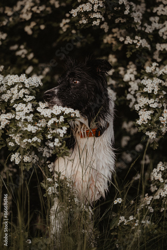 Czarnobiały border collie siedzi w białych kwiatach